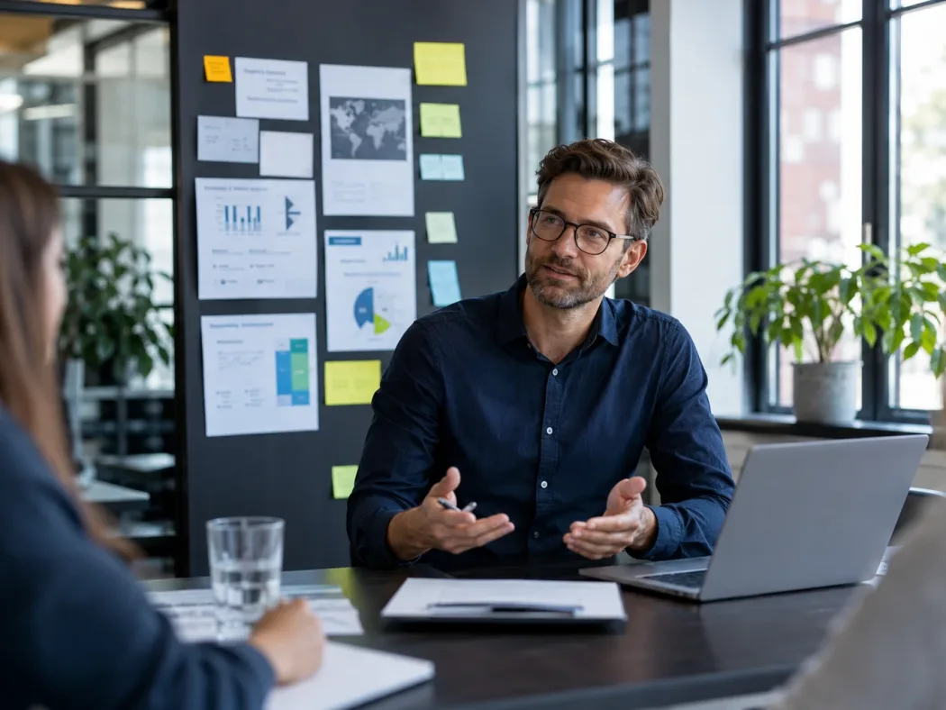 Manager erläutert Kennzahlen in einer Teambesprechung im Büro