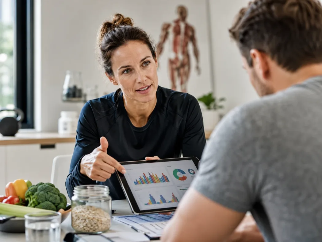 Ernährungsberaterin erläutert einem Klienten Auswertungsdaten auf einem Tablet