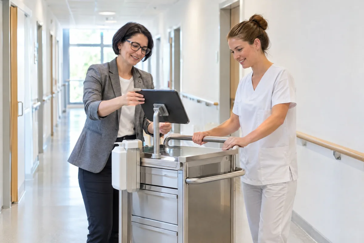 Digital-Health-Managerin und Pflegefachkraft stellen auf der Station die Tablethalterung am Visitenwagen ein