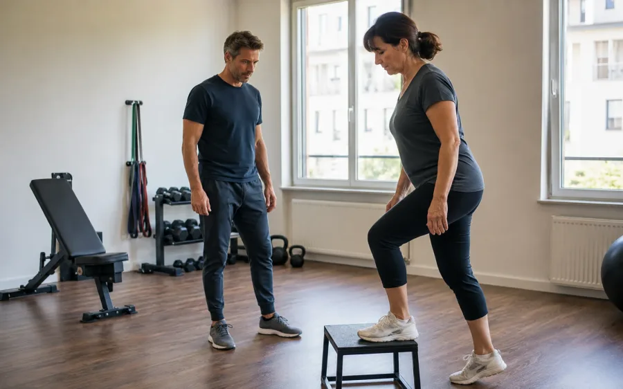 Personal Trainer begleitet eine Kundin bei einer Step-up-Übung im Studio